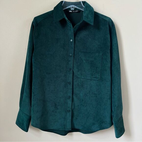 Zara Fine-Waled Emerald Green Corduroy Oversized Long Sleeve Button Blouse SZ M - Picture 1 of 14